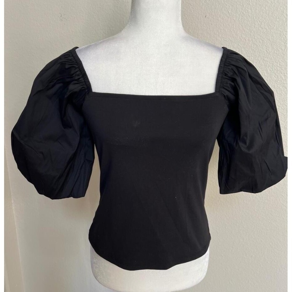 Black Ann Taylor Stretch Square Neck Blouse with Puff Sleeves Size M